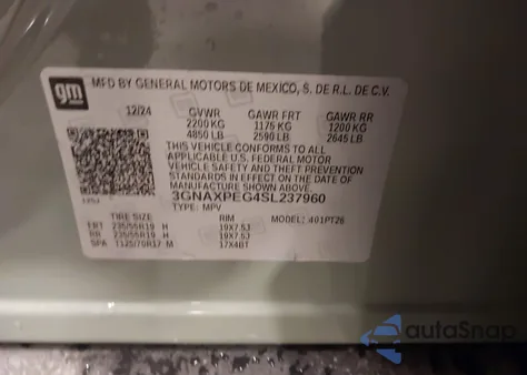 2025 Chevrolet Equinox Awd Lt из США, поврежденный, VIN 3GNAXPEG4SL237960